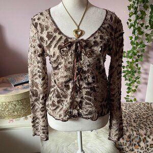 Avantgarde Brown and Cream Textured Lace Up Top